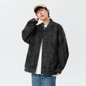 <b>Men's</b> Vintage <b>Suede</b> Baseball <b>Jacket</b>-Trendy PU Coated Reversible Zippered Air-Conditioned Woven Fabric - Product Image 4