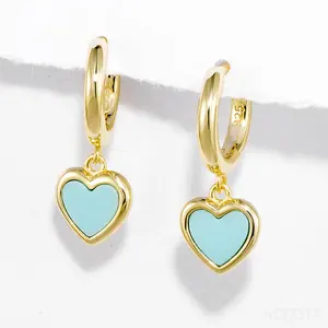 Real 100% 925 Sterling Silver Jewelry Women Turquoise Gold Plated Hoop Earrings With Heart Drop Charms