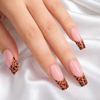 Uñas postizas al por mayor con punta francesa de leopardo, forma ataúd, rosa nude, estampado animal, logotipo personalizado, reutilizables, para salón