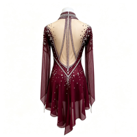 Robe de patinage artistique bordeaux à strass, col montant, dos évidé, manches longues, en maille, pour compétition de patinage sur glace, personnalisable