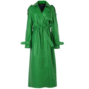 Trench lungo in pelle all'ingrosso cappotto in pelle verde X-lungo cappotto in vera pelle da donna
