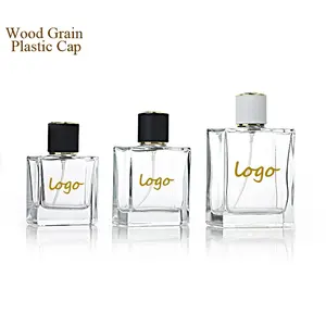 30Ml 50Ml 100Ml Luxe Vierkant Custom Logo Heldere Lege Glazen Parfumfles Met Ronde Houtnerf Plastic Deksels