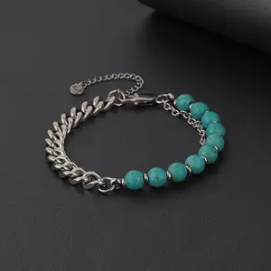 Men's Natural Turquoise Agate and Titanium Steel Stainless String Chain Bracelet Cross Pattern