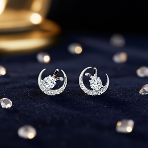 Pendientes de tuerca con diseño de luna blanca champán, plata 925, cristal de diamante de imitación, corte brillante redondo, engaste de garra, para mujer, uso diario romántico - Product Image 2