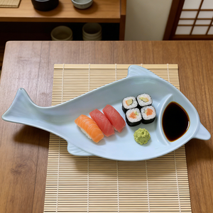 Plato de Sushi con Forma de Pez de Melamina de 13x6 Pulgadas para Servir Comida Japonesa, Ideal para Sushi y Dim Sum Asiáticos - Product Image 1