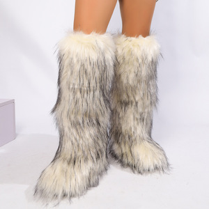 Bottes d'hiver pour femmes en fourrure synthétique imitation renard Y2K, talon plat, hauteur au-dessus du genou, doublure en denim, bottes longues pour l'automne, hauteur cuisse - Product Image 3
