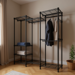 Armadio Indipendente in Metallo Nero Resistente con 5+ Ripiani e Aste Appendiabiti per Organizzazione e Stoccaggio di Indumenti Stile Industriale - Product Image 2