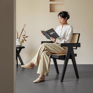 Silla de comedor de ratán y madera maciza con respaldo y reposabrazos, silla de ocio negra en forma de K para uso doméstico - Product Image 3