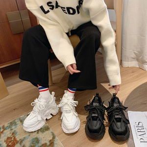 Fabricant de chaussures nouveau blanc <span class=keywords><strong>noir</strong></span> baskets à talons hauts femmes grosses chaussures Wedge sport femme printemps automne semelle épaisse dames baskets - Product Image 1