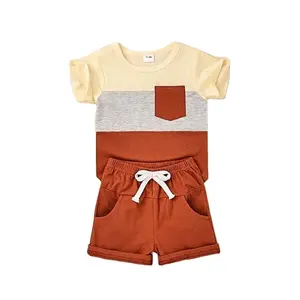 2024 Hot Sale Summer Outfits Short Sleeve Patchwork Top T-shirt & Pocket Pant Set 2 Piece for boys