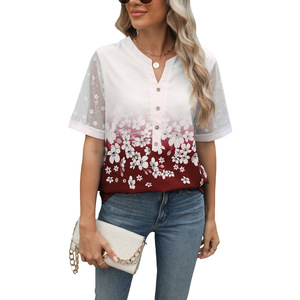 Chemisier en mousseline de soie à col en V imprimé floral tissé style vintage européen avec dentelle patchwork et manches courtes pour femme, collection Printemps/Été 2026 - Product Image 6