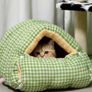 Checkerboard Pattern Cat <b>Bed</b> Round Enclosed Pet <b>Bed</b> Winter Warm For Cats Four Seasons Use Hand Wash Polyester Fiber Fill - Product Image 1