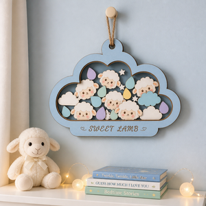 Ornamento a Forma di Agnello Nuvola Oscillante |   Pannelli in compensato di pioppo con gocce di pioggia acriliche effetto tremolante |   Decorazioni per Cameretta Neonato a Tema Pecorella |   Nome Personalizzabile - Product Image 3