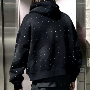Sweat à capuche personnalisé en coton molletonné noir épais délavé à l'acide pour hommes, fabricant de sweats à capuche en coton, coupe ample et oversize avec strass - Product Image 4