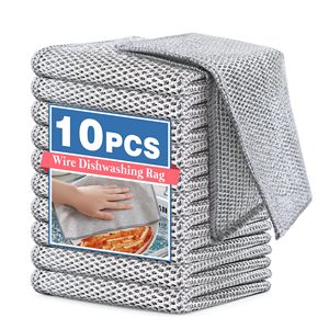 10 पीसी डबल-लेयर गैर खरोंच तार डिशटाट बहुउद्देशीय तार चमत्कार कपड़े धोने के लिए सूखे गीले सफाई धातु पकवान कपड़े - Product Image 1