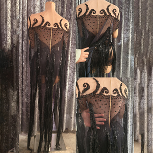 Vestido de Baile Sexy con Capa de Malla Transparente con Patrón de Pavo Real Negro y Borlas Largas para Grupo de Chicas, Ropa de Baile para Escenario, Drag Queen - Product Image 6