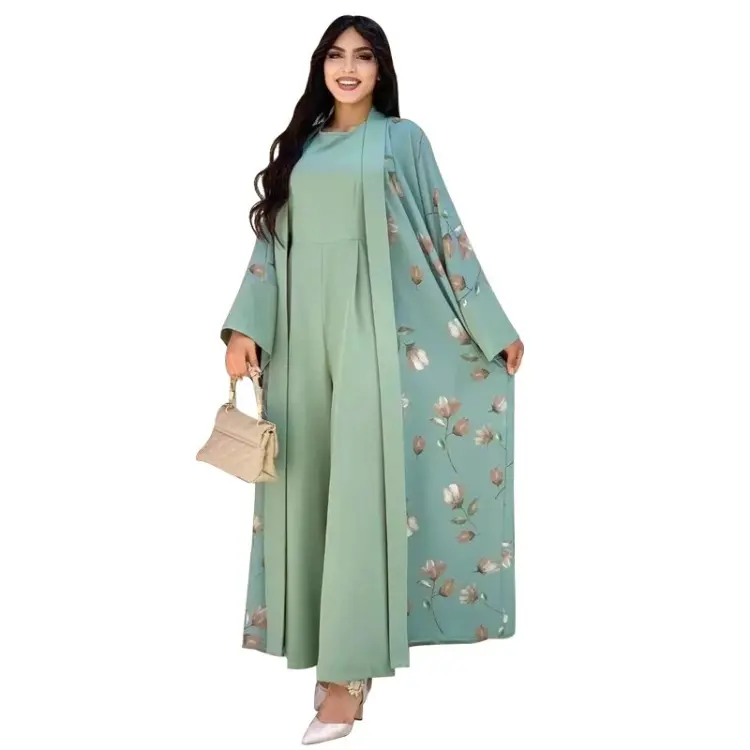 도매 가격 새로운 꽃 프린트 긴 코트 패션 우아한 여성의 2 피스 세트 이슬람 겸손한 부르카 아바야 가운 cabaya