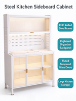Buffet de cuisine en acier, armoire de rangement en métal avec panneau perforé et porte en verre cannelé trempé pour cuisine
