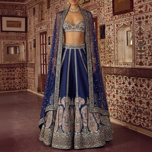 Blue Embroidered Silk <b>Lehenga</b> Choli Zari Work Slim Fit Crop Top Halter Neck Floor Length <b>Skirt</b> Traditional Indian Wedding Wear - Product Image 1