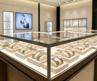 Design d'intérieur élégant et moderne pour boutique de montres de luxe, solution complète d'affichage en bois bicolore pour vitrine de bijouterie de centre commercial avec éclairage LED
