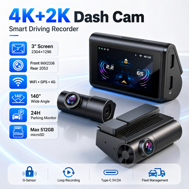 2 Channel Car DVR HD 3 Inch Screen 2304*1296 4K+2K 2-Len Vehicle Dash Cam Night Vision Video Mini Dashcam Camcorder