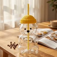 Nouvelle tasse en verre Bear avec couvercle et paille, mugs mignons, tasse en verre pour barista, verre borosilicate recyclable, cadeau de Noël, verrerie