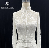 Robe de mariée sirène en polyester à col montant, style veste, avec appliques en dentelle ivoire et traîne chapelle pour cérémonies de mariage OEM ODM