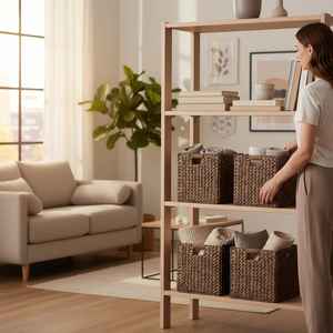 Set of 4 Water Hyacinth Cube Storage <b>Baskets</b> Espresso Woven Bins Foldable Natural Fiber Organizer <b>for</b> <b>Shelves</b> and Home Decor - Product Image 6