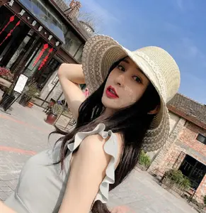 Pearl Sun Hat Panama Straw Hat Wide Eaves UV Protection Beach Hot Seller Summer Lace For Women Digital Printing Papyrus Adults