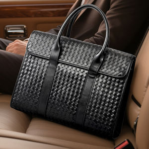 Herren Schwarze Geflochtene Echtleder-Laptoptasche Rindsleder-Handtasche Alltägliche Geschäftsleute-Aktentasche Computertasche für Männer - Product Image 5