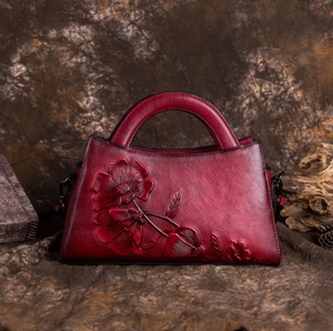 Borsa a Mano Vintage in Vera Pelle da Donna 2024, Stile Retrò Country, Grande Capacità, Pratica Tracolla, Cerniera, Motivo Floreale in Rilievo - Product Image 1