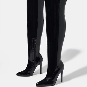 Botas de tacón alto de aguja con punta para mujer, por encima de la rodilla, de charol elástico, con cremallera lateral, talla grande - Product Image 6