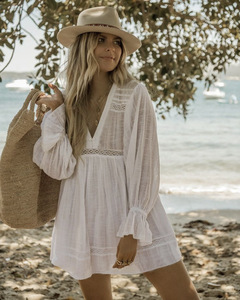 Top a Maniche Lunghe con Gonna Corta Abbinata, Abito da <span class=keywords><strong>Spiaggia</strong></span> per Vacanze, Copricostume Bianco in Cotone - Product Image 5