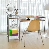 Bureau d'ordinateur moderne de luxe en acier inoxydable et verre trempé, table de bureau simple et ancienne à double moteur pour l'écriture à domicile, cosmétiques