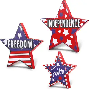 Freedom and Independence Memorial Day Decorations 4th of July Wood Star Decoration Patriotic Wooden Home Table Decor