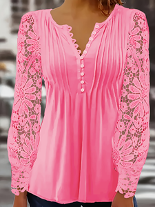 Blusa de Mujer Talla Grande Rosa Vibrante con Manga Farol de Encaje, Cuello V Festoneado, Botones Delanteros y Pliegues, Túnica para Primavera y Otoño - Product Image 4