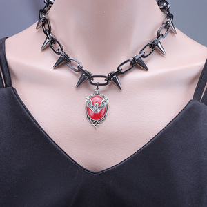 European American Gothic <b>Necklace</b> Black Spike Chain <b>Ruby</b> Bat Pendant Zinc Alloy Party Jewelry Men Women Hip Hop Style - Product Image 1