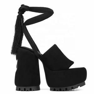 Sandalias de tacón alto con flecos y cordones en el tobillo para mujer, diseño nuevo, con plataforma gruesa y punta abierta, de gamuza - Product Image 6