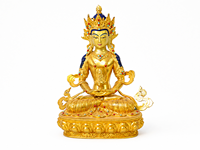 Statue de Bouddha Amitayus Longue Vie en laiton fait main avec finition plaquée or pour la décoration d'autel de maison, de jardin ou de cour