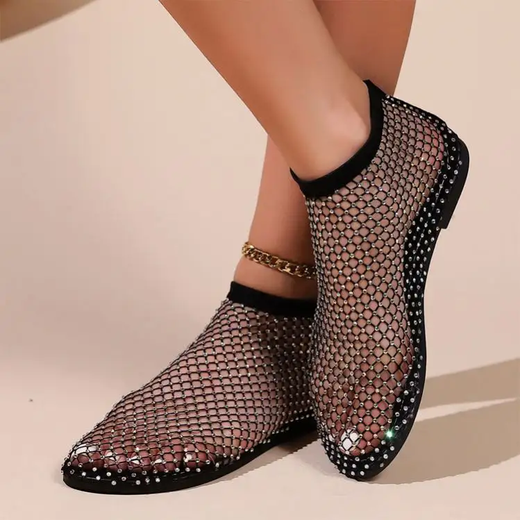 Sepatu sandal wanita ukuran Plus, sepatu sandal wanita mewah, sepatu jala ikan, berlian imitasi, sandal datar untuk wanita