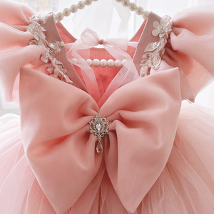 Robe de fête formelle rose respirante et douce pour la peau avec nœud à volants pour filles, idéale pour anniversaire, <span class=keywords><strong>mariage</strong></span> et occasions spéciales - Product Image 4