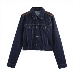 Women's Slim Fit <b>Cropped</b> Dark Wash <b>Denim</b> <b>Jacket</b> 100% Cotton Breathable Long Sleeve Button-Up Casual Streetwear Outerwear - Product Image 2