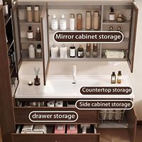 Ensemble de meuble-lavabo mural moderne et minimaliste en contreplaqué noir à double tiroir avec vasque intégrée et armoire à miroir LED
