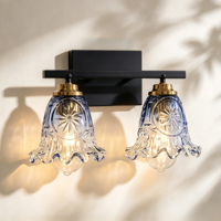 Lampu Cermin LED dengan Kap Lampu Kaca Bunga Biru Gradasi Elegan Nordik Modern, Dilengkapi Dudukan Dinding untuk Kamar Mandi dan Toilet Hotel