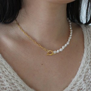 Gargantilla de perlas de agua dulce con broche de palanca, collar de cadena de acero inoxidable chapado en oro de 18k, joyería - Product Image 1