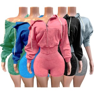 Viviblook Z414ST Women Fitness Sports Shorts Set Washed Zippered Hooded Jacket Top Shorts Tracksuit Two Piece Set for Ladies - Product Image 1