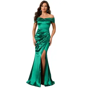 ZIYA A07S166 Off Shoulder Open Back Pleated Party Green Evening Woman Long Dress