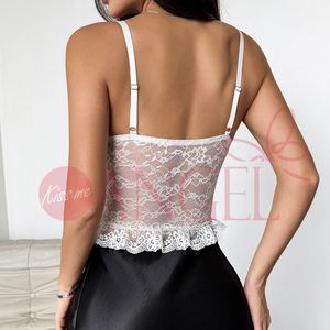 BEIJO ME ANJO BEIJO ME ANJO Verão Flores Malha Ver Através do Pescoço V Profundo Babados Flounces Sexy Lace Mulheres Top - Product Image 6