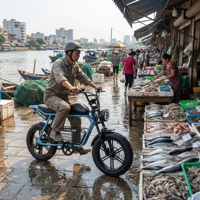 Vélo électrique moderne et masculin pour homme, idéal pour la ville, avec longue banquette, style rétro vintage, pour les balades au marché de la pêche en bord de rivière