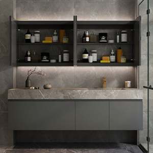 Vasque de salle de bain en pierre miniature de style hôtelier américain moderne, combinaison de meuble-lavabo en contreplaqué/MDF, miroir, résistant à l'eau, mural, écologique - Product Image 2